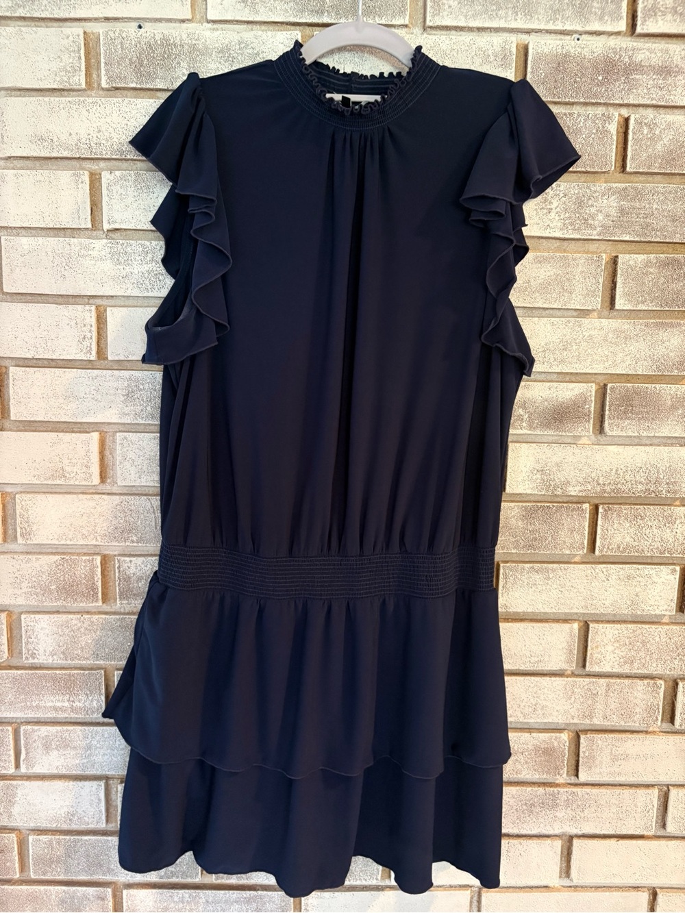 1.STATE Navy Blue Ruffle Flutter Sleeve Smocked Tiered Dress L